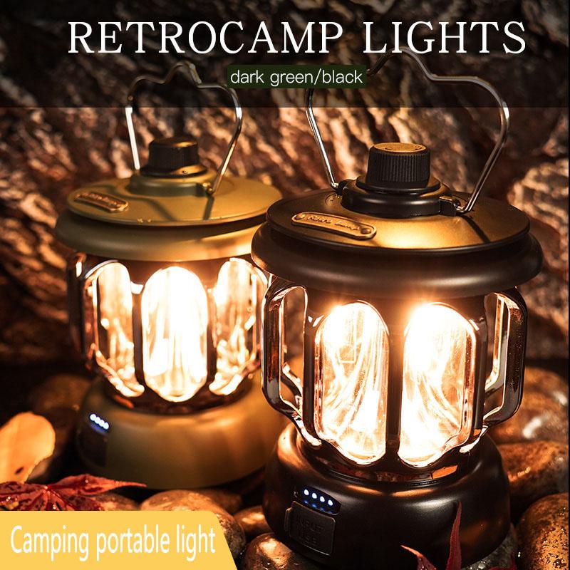 Vintage-style camping lamp, atmospheric portable lantern, flashlight with a metal hook for hanging, USB rechargeable with power output function, very suitable for fishing, household power outages, desktop lighting and emergency lighting