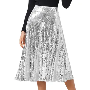 INSPIRE CHIC Women's Sequin Sparkly High Waist Glitter Cocktail Party Midi Skirt Silver Small