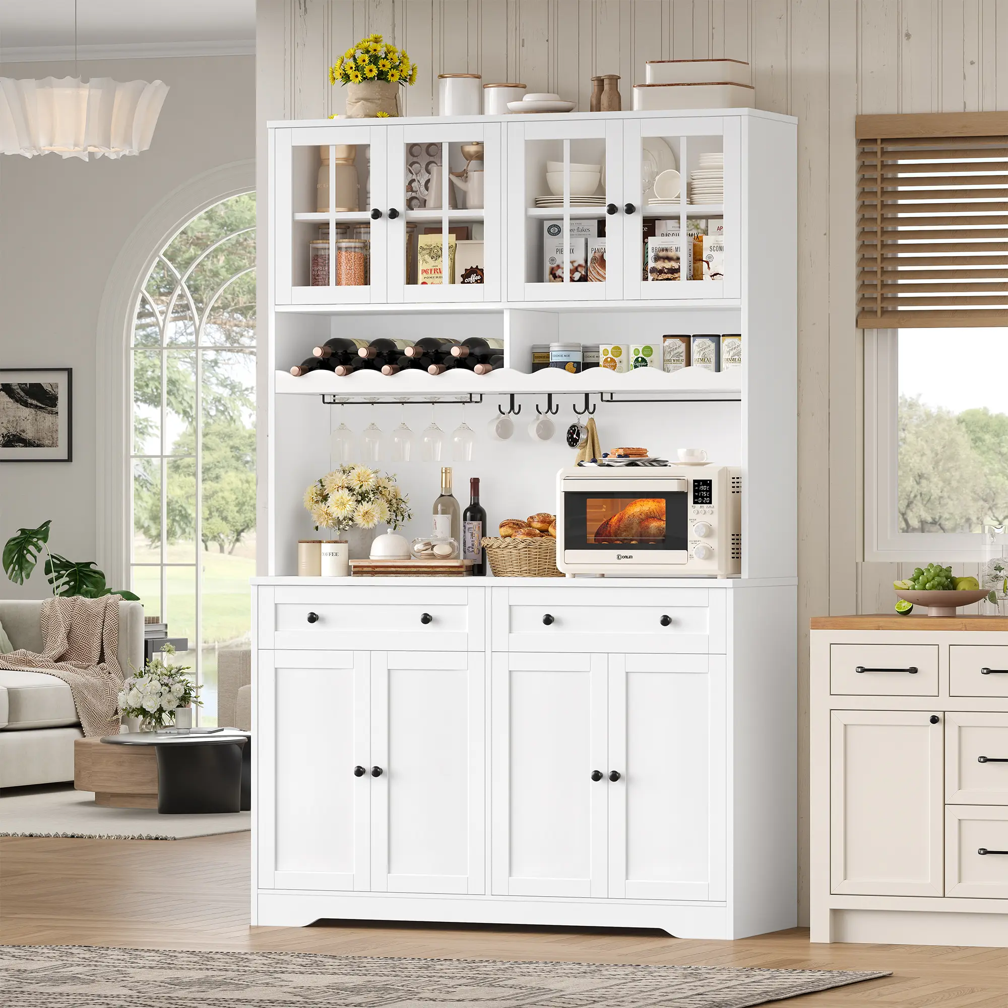 【2 Packages Shipping】HOSTACK 75.4" Tall Kitchen Pantry Cabinet with Charging Station, Hutch, Microwave Stand, Wine Rack, Large Pantry Storage Cabinet with Glass Doors, Drawers