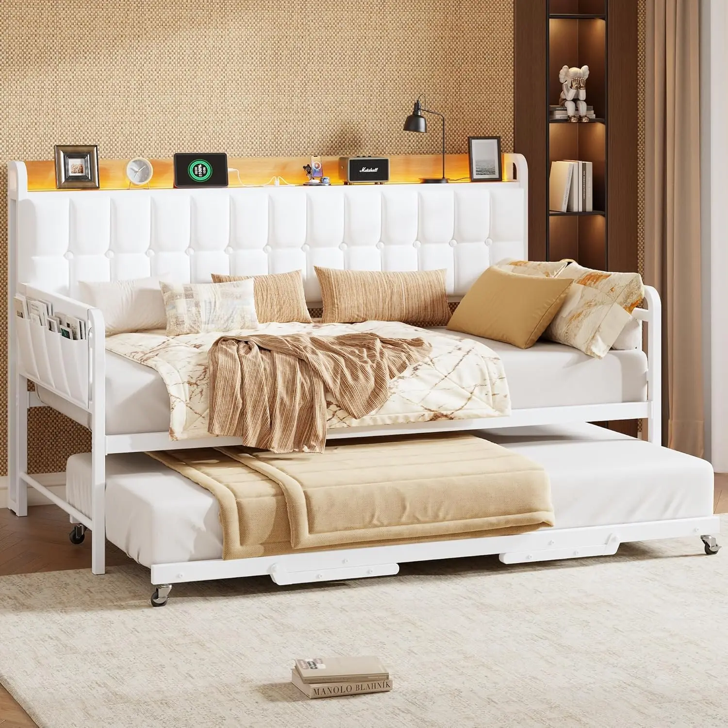 Upholstered Twin Daybed with Pull-out Trundle, Storage Headboard, LED Lights and Built-in Charging Station, Sturdy Metal Slat Support, Multi-toned Design for Bedroom, Living Room and Guest Room,dorm essentials,home decor