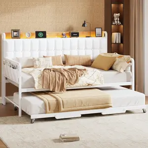 Upholstered Twin Daybed with Pull-out Trundle, Storage Headboard, LED Lights and Built-in Charging Station, Sturdy Metal Slat Support, Multi-toned Design for Bedroom, Living Room and Guest Room