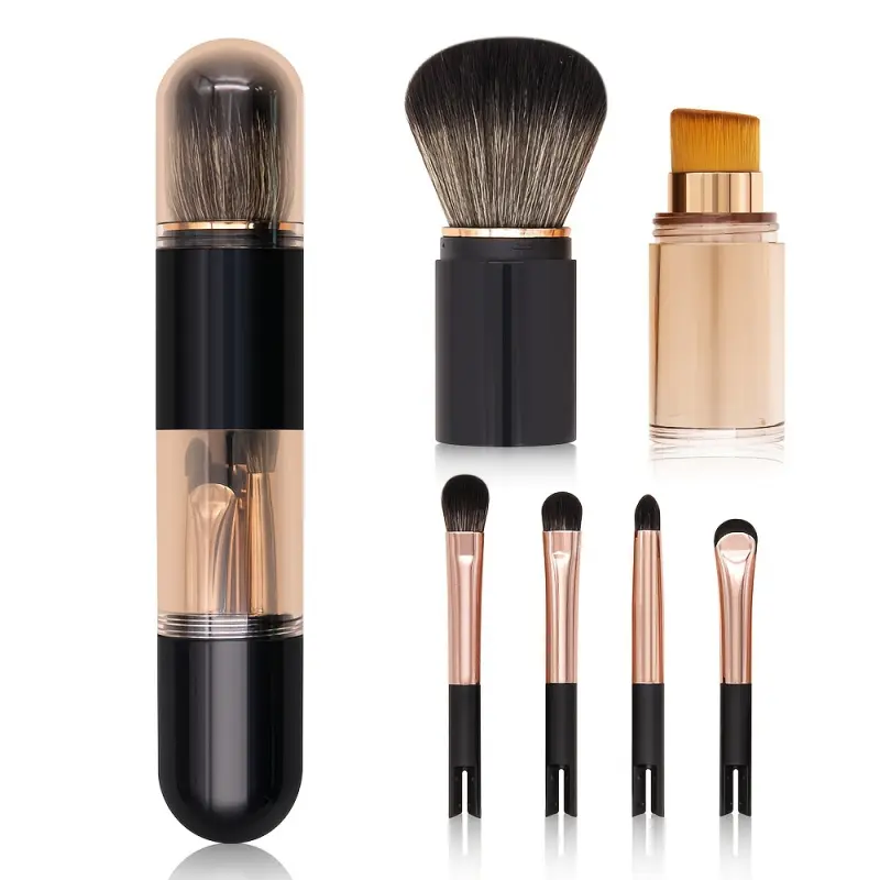 6-in-1 Retractable Makeup Brush Set, Portable Storage Box Includes Retractable Blush Brush, Hidden Angled Foundation Brush, and 2 Detachable Dual-Head Eyeshadow Brushes, Suitable for Daily Travel, Beauty Products
