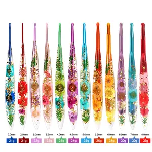 Ergonomic Crochet Hook with Floral Handle, 2.0mm-8.0mm, Non-Slip Long Shaft, 12 Sizes Colorful Aluminum Hooks, Ideal for Knitting, Crocheting, DIY Projects, Crafts