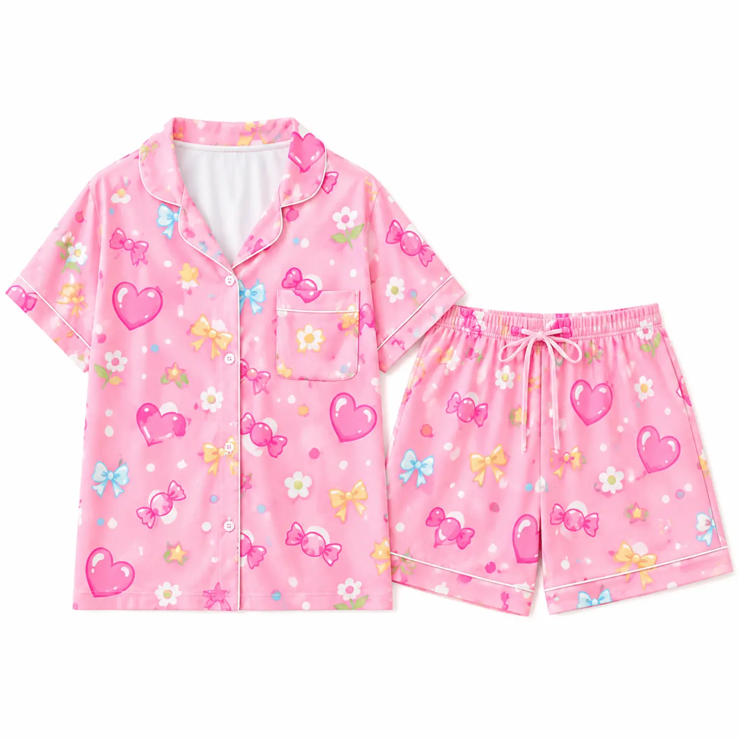 Pink Heart Candy Print Pajama Set, Short Sleeve Button Front Top with Pocket and Drawstring Shorts, Cute Floral Bow Sleepwear
