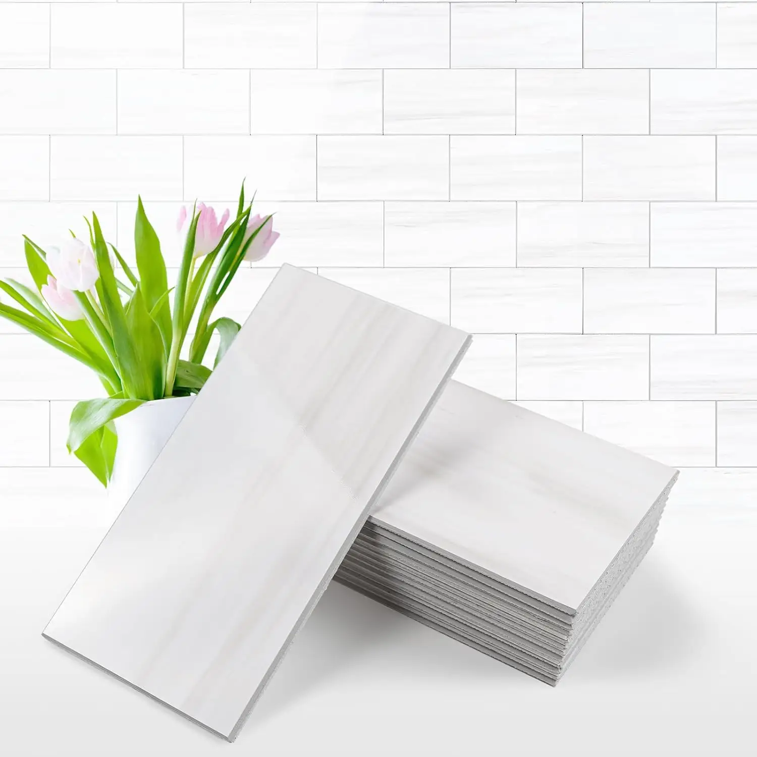 Vamos Tile 100-Piece Glossy Wooden Marble Grain Peel and Stick Backsplash Tile,3''x6'' PVC Subway Tile with White Grout, Stick on Backsplash for Kitch