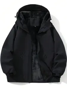 A black hooded windproof waterproof fleece thickened softshell jacket with fleece lining, ideal for winter outdoor activities and daily commuting, providing warmth and comfort.#SummerVibes