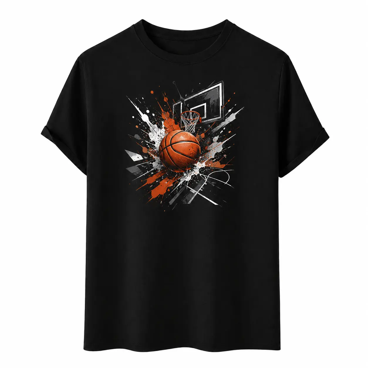 Men's Comfy Textured Basketball Hoop Graffiti Graphic T-Shirt, Splatter-Design Unisex Tops for Outdoor Sports, Gym, Casual, Athletic