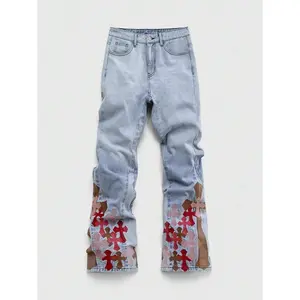 ROMWE MEN Street Life Men's Casual Washed Cross Embroidery Denim Jeans