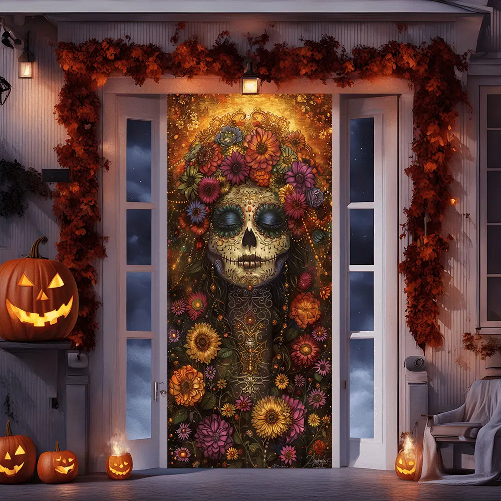 Extra-Large Fade-Proof Sturdy Vintage Polyester Tapestry - Neon,Nature,Bohemian,Sun Halloween Decor, Hand-Washable Door Hanging Banner with Double Tape, Day of Dead Religious Art, Ideal House Gift for House Decorations