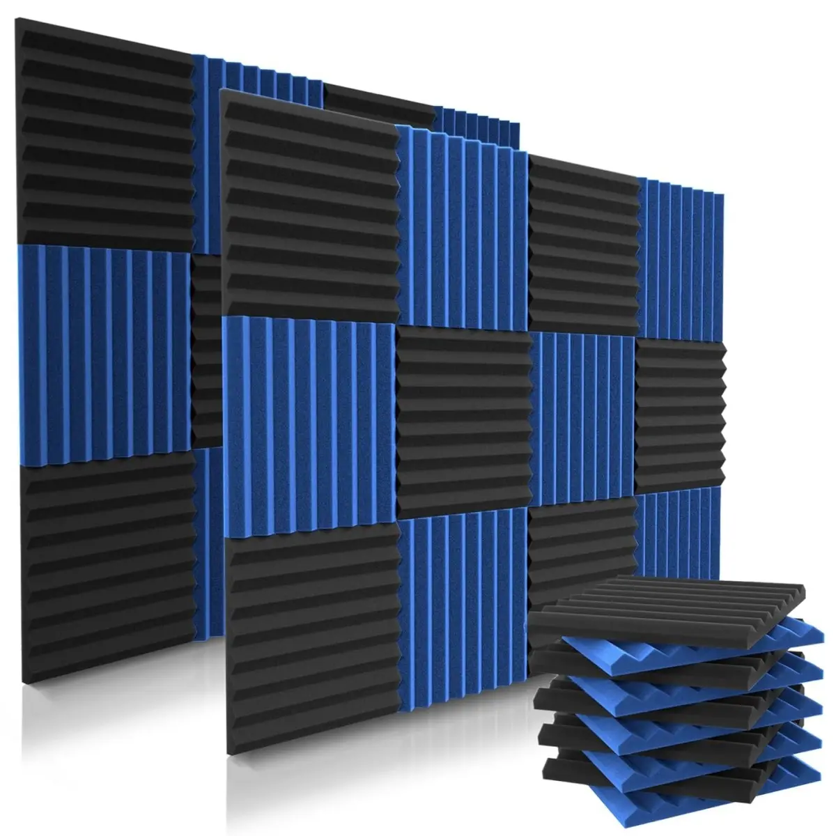 24 Pack 1" x 12" x 12" Blue+Black Acoustic Foam Panels Set, Wedges Tiles Fireproof Soundproof Foam, Sound Absorbing Noise Cancelling Panels for Recording Studios, Home, Offices Walls Ceiling, Gaming Room