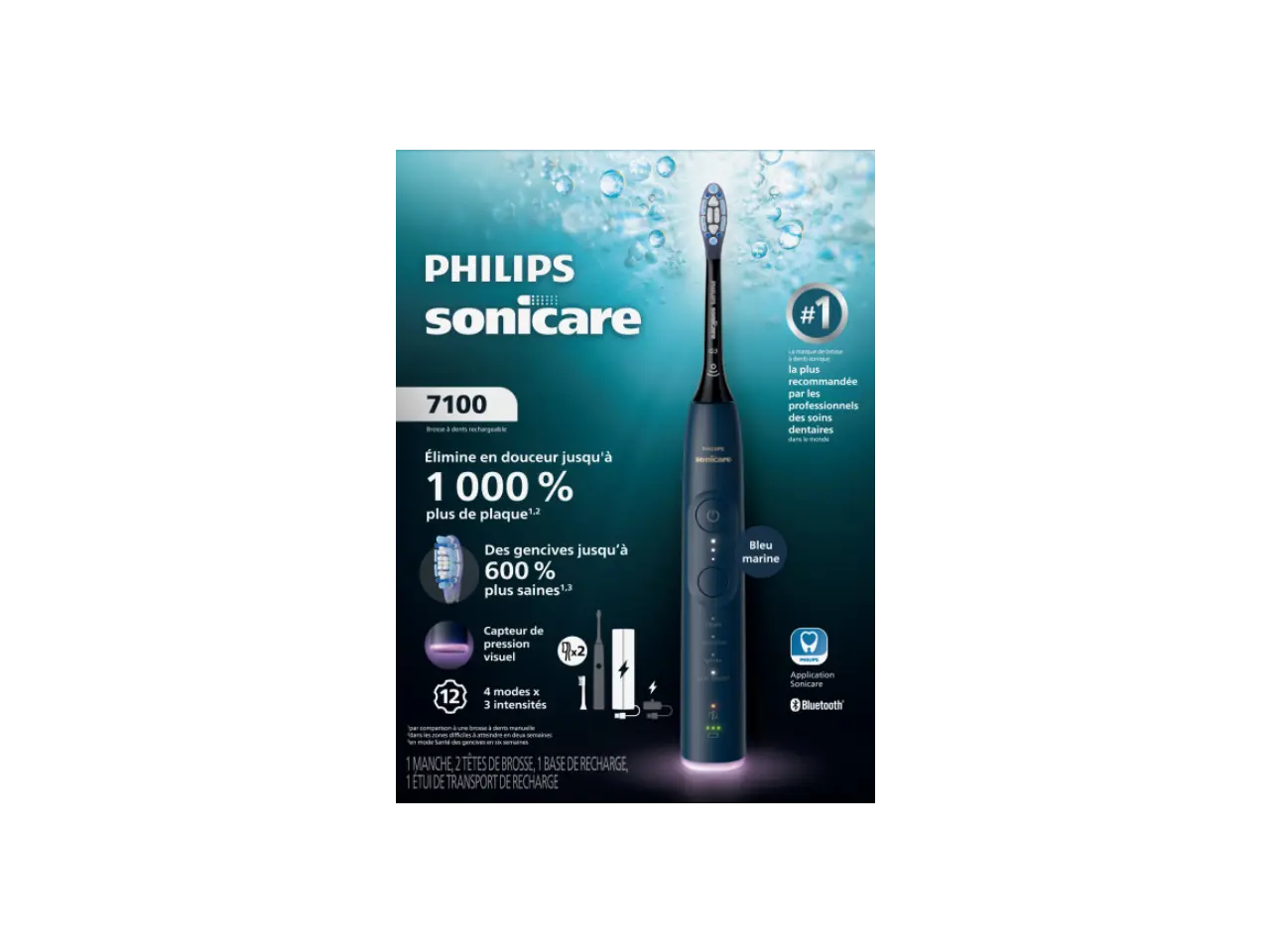 Philips Sonicare 7100 Series Electric Toothbrush - Next-Generation Sonicare Technology, Pressure Sensor, 12 Brushing Settings, SmarTimer, 21-day Runtime, Travel Case, Navy Blue, HX7423/04