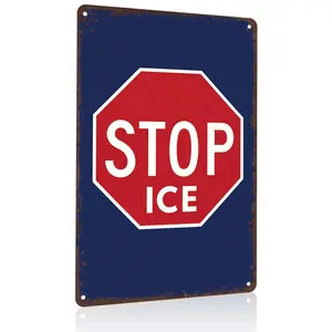 Bold "STOP ICE" stop sign-style plaque (8x12 inch aluminum), great for activist spaces, community centers, and protest areas. Red-blue distressed design, durable weatherproof decor for immigration rights advocates