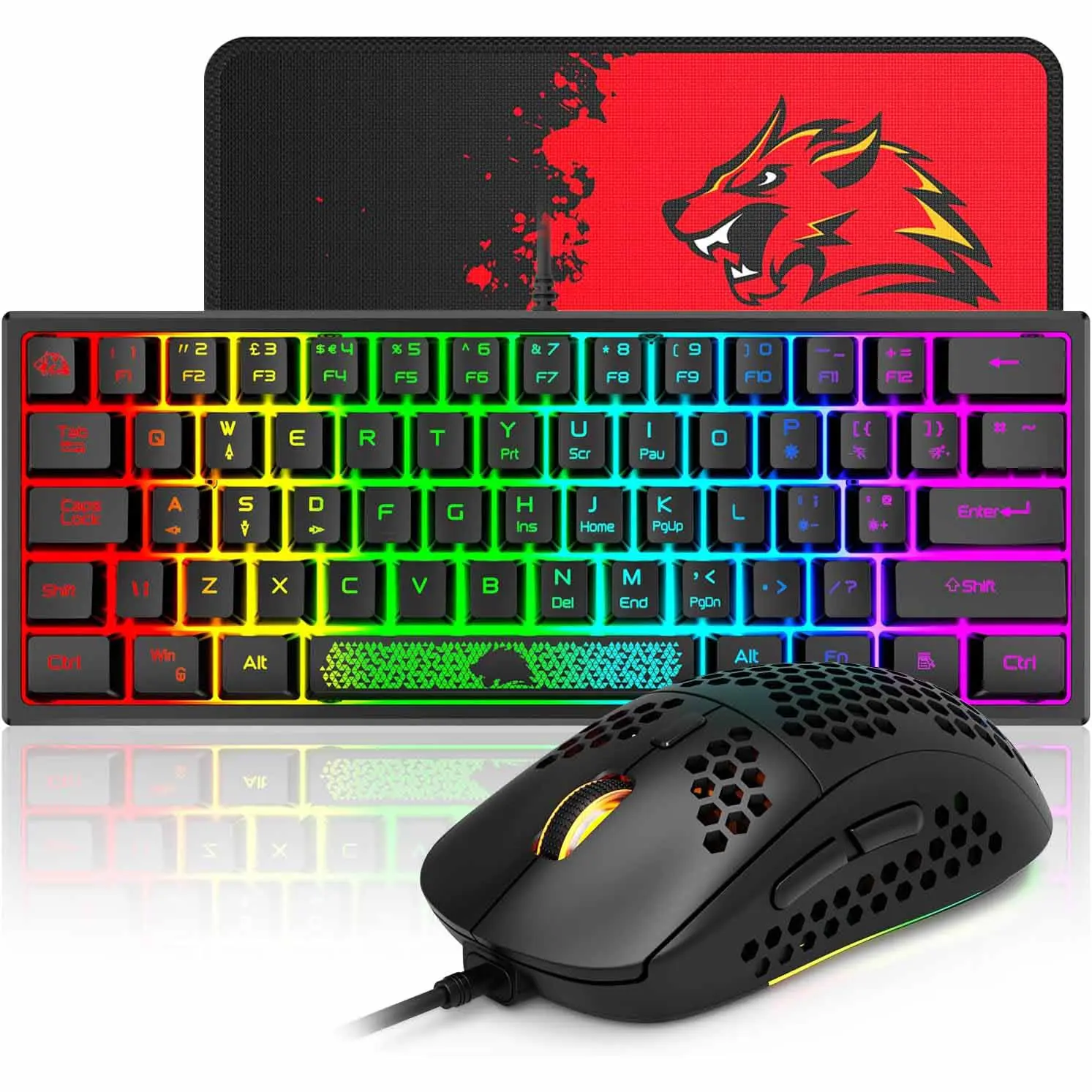 60% Wired Gaming Membrane Keyboard and Mouse Combo Mini RGB Backlight and RGB 6400 DPI Honeycomb Optical Mouse,Gaming Mouse pad for Gamers and Typists