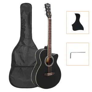 40 Inch Spruce Front Cutaway Folk Guitar with Bag Guard Board & Wrench Tool Black Steel Strings for All Skill Levels Quality Materials Rich Sound