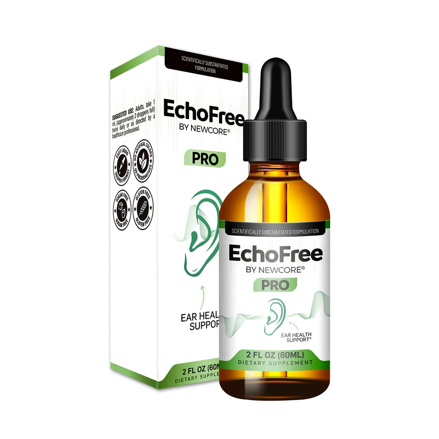 NEWCORE | EchoFree PRO Ear Drops - Vegan Liquid Formula for Ear Wellness Tinnitus Relief Focus Clarity with Ginkgo Biloba GABA Chromium Picolinate 2oz Bottle Clear Daily