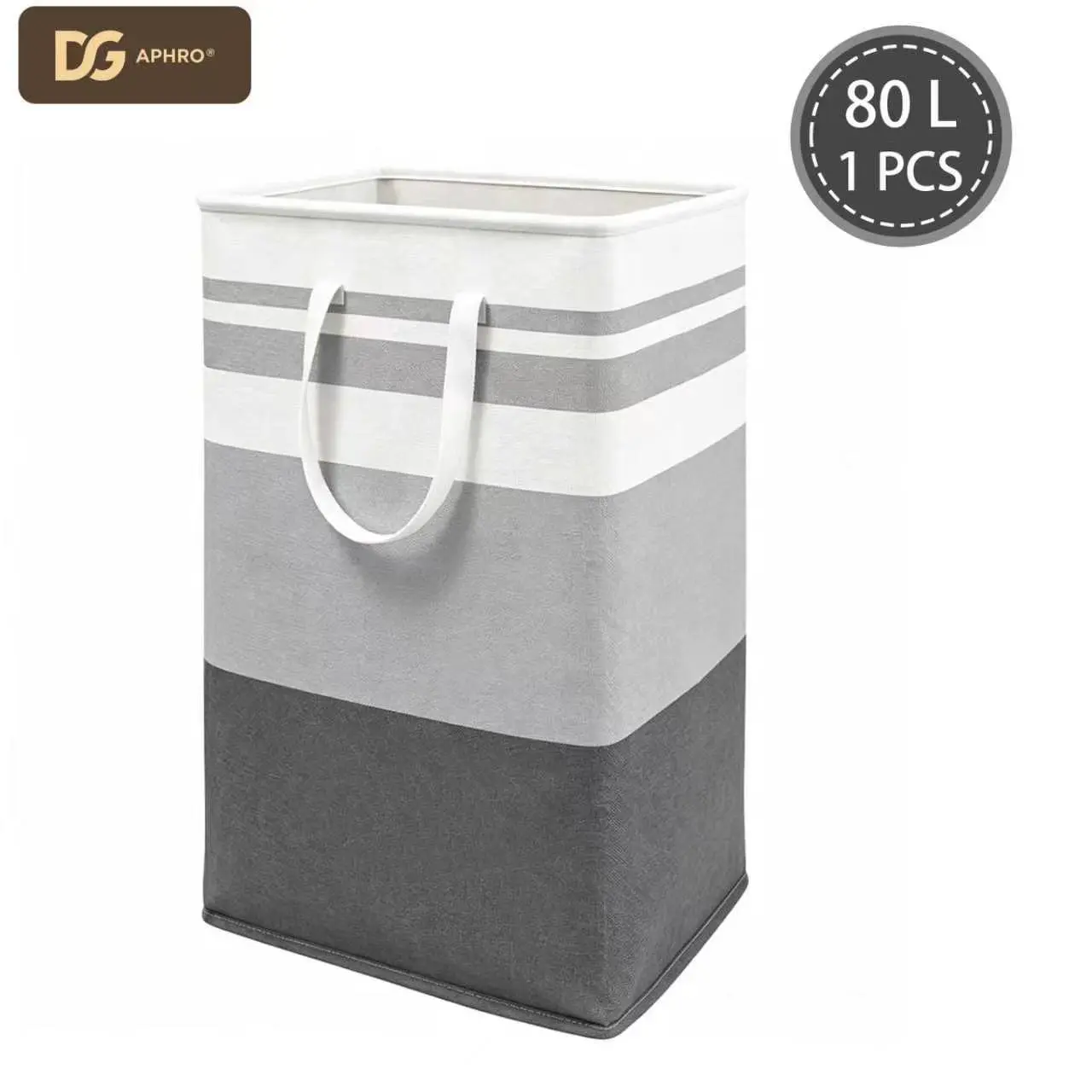DGAPHRO 80L Large Freestanding Laundry Basket - Collapsible Modern Fabric Clothes Hamper with Reinforced Long Handles, Waterproof PEVA Coating Storage Bag for College Dorm, Bathroom & Nursery (Grey Stripes, 1 PCS).