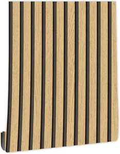 Modern Wood F-Slat Peel & Stick Vinyl Custom Wallpaper, 17.3"x118" Waterproof PVC Faux Wood Stripe Contact Paper, Decorative Home Wall & Furniture Makeover for Living Room
