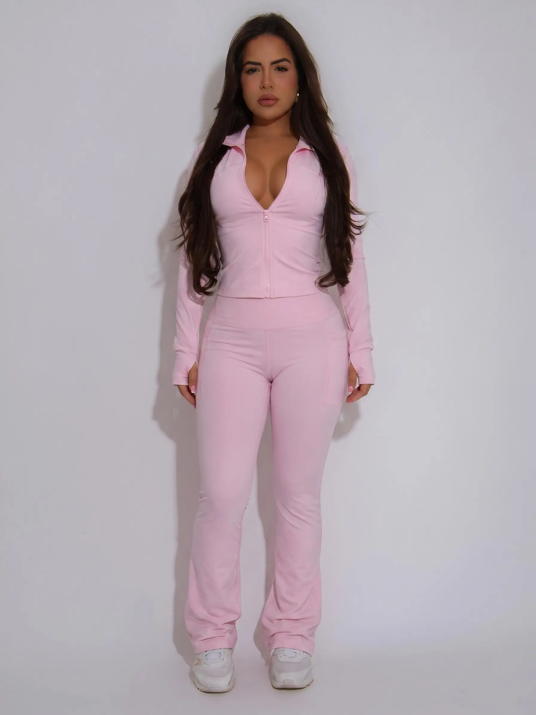 USBOUTIQUECHIC Women’s Seam Stitch Zip Up Thumb Hole Cropped Jacket & High Waist Flared Leggings Two Piece Sculpt Athleisure Set | Soft Pink Workout Tracksuit