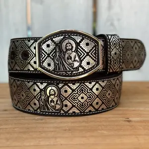 Silver “San Judas” Version 2 Laser Cut Leather Belt with Metal Buckle
