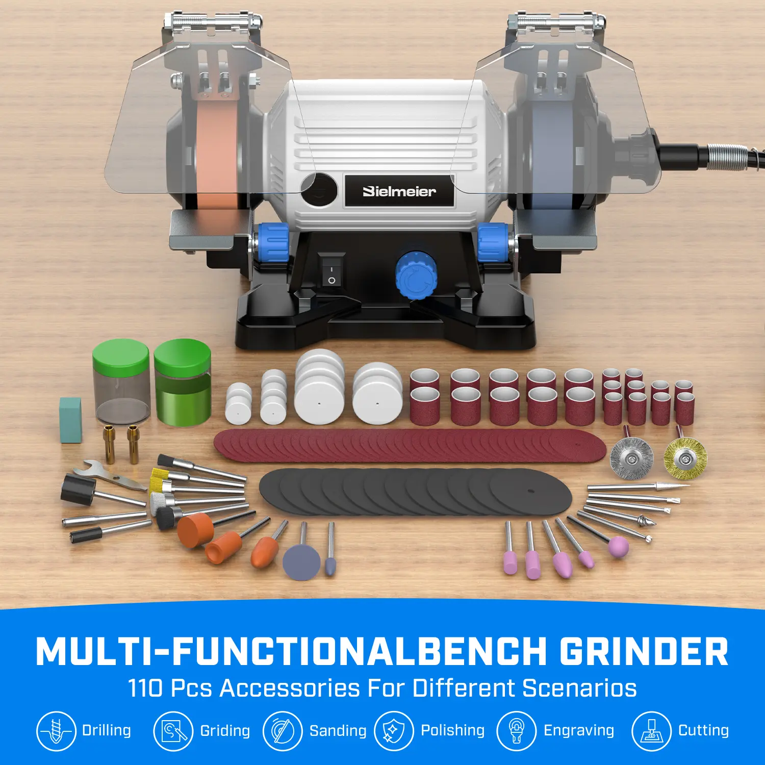 Bielmeier 3" Compact Bench Grinder Rotary Tool - 110pcs Accessories, 105cm Flexible Shaft, 3.97LB Low Noise Low Vibration Bench Buffer Polisher for Wood, Metal, Plastic, Easy to Use
