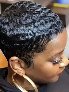 Pixie Cut Wig for Women Curly Wave Wig Halloween Wig Full Machine Made Wig 150% Density 6 Inch Human Hair Wig Natural Looking Wigs