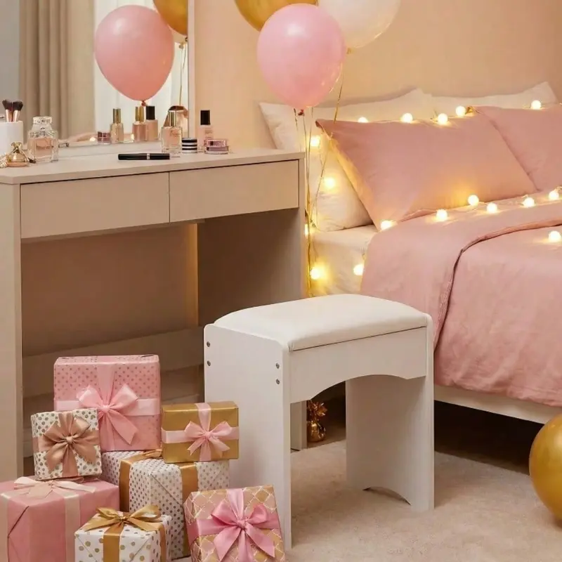 gold dressing table stool Dressing Table: Gold and White Vanity Set with Lighted Mirror & Stool –  Studio GKW main image 1