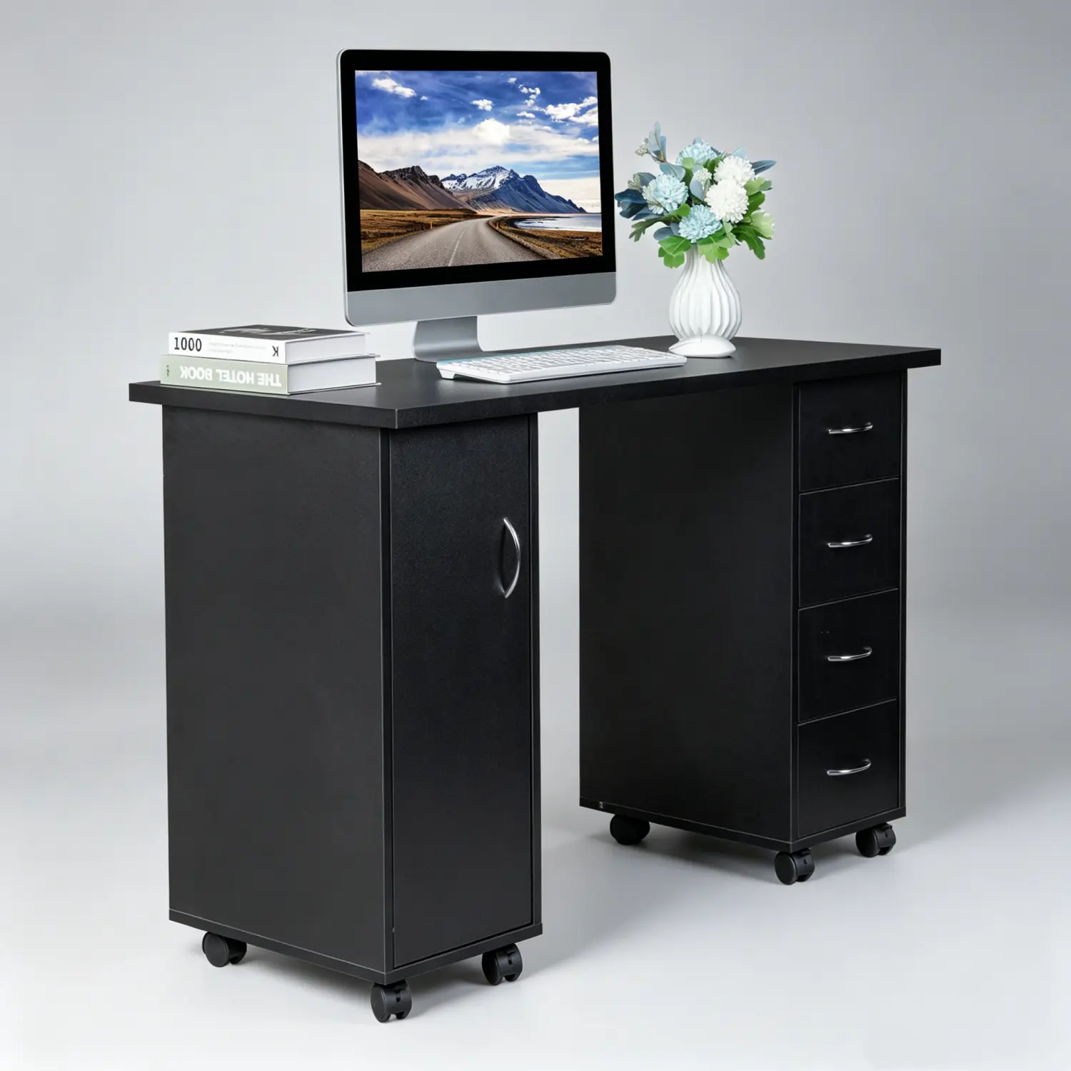 Manicure Table, Nail Table with Drawers, Cabinet, Lockable Wheels, Wrist Pad, Spa Salon Beauty Home Wood Technician Workstation, 47.2" x 21.3" x 31.9" Makeup Chairs Furniture