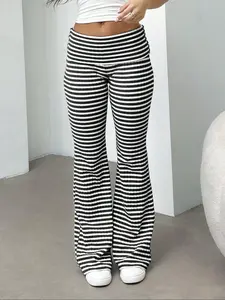 Women's Striped Flare Pants High Waisted Bell Bottoms Stretchy Ribbed Wide Leg Trousers Black and White Casual Streetwear Retro 70s Style Elastic Waist Knit Comfy TikTok Trendy Yoga Inspired Boho Casual Trousers, Bohemian Wide Leg