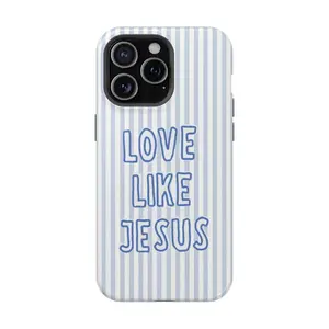 "Love Like Jesus" Religious Cellphone Cover, Shockproof Drop-Guard Protector with Blue Stripe & Bible Verse Aesthetic, Durable Wireless Phone Accessory for iPhone 11-17, Gift for Her
