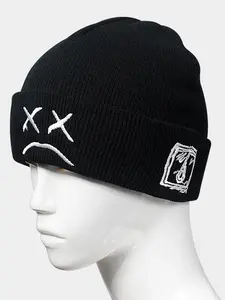 Sad Face Embroidery Beanie Hat, Fashion Knit Cap, Casual Skull Cap, Hip Hop Cuff Beanie, Embroidered Fitted Cap for Women Men, Embroidery Trendy Hat, Beanies Hats