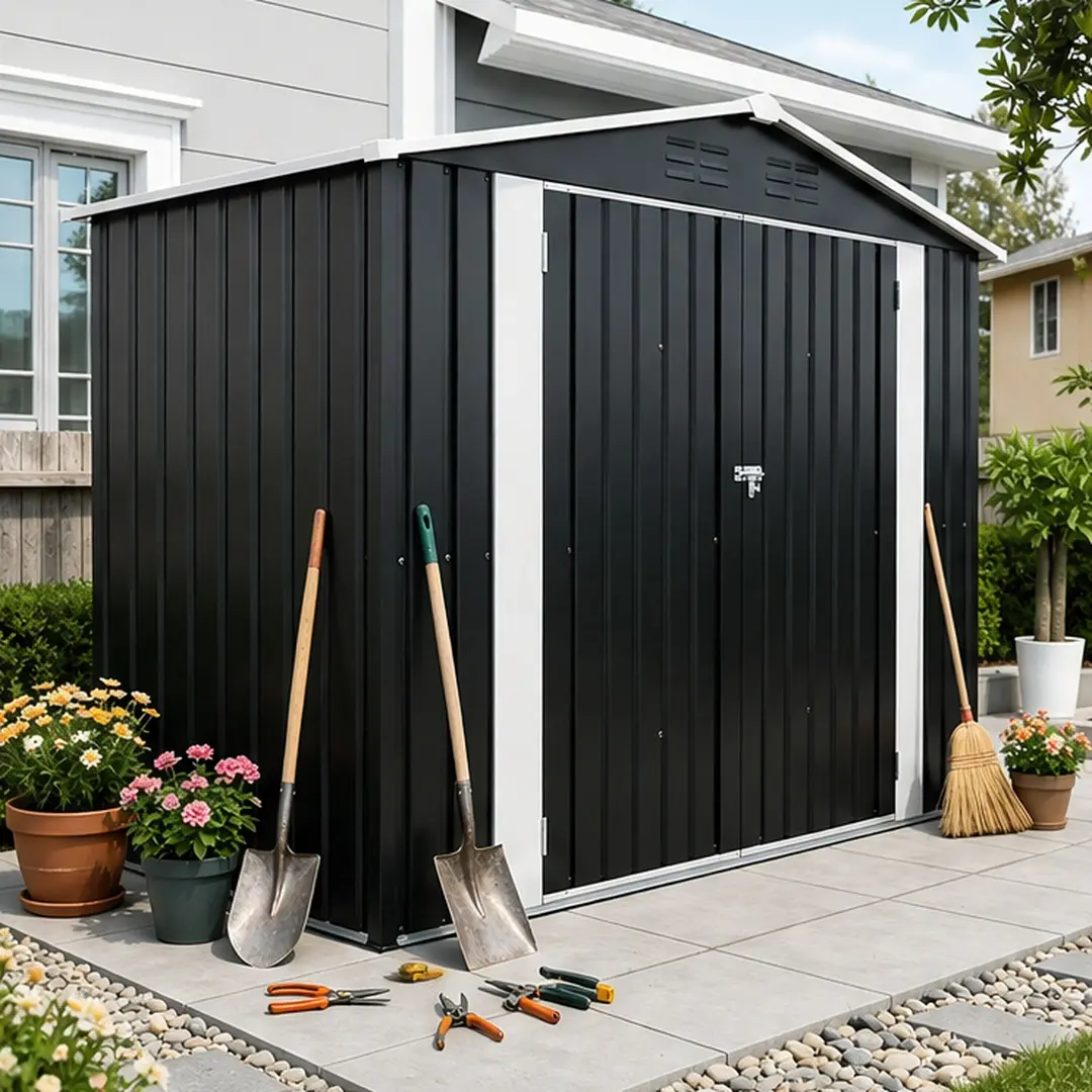 ARCH 8ft x 4ft Galvanized Steel Outdoor Storage Shed, Heavy-Duty Corrosion-Resistant Metal Garden Tool Shed with Lockable Double Doors, Ventilation Slots, Ground Stakes, All-Weather Durability, Easy to Clean, Black, for Backyard Patio, 43.70" W X 93.70" D