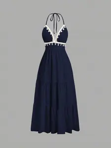Women's Shell Decorated Tie Waist Halter Neck Midi Dress, Elegant Mid-Length Dress with Shell Accents, Perfect for Casual & Special Occasions, Womenswear, Lady