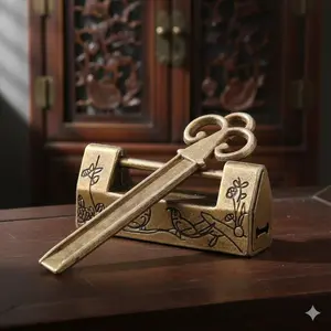 Hand-Carved Antique Bronze Padlock: Medieval Style Decorative Locks for Jewelry Boxes, Drawers & Furniture. Brass Craftsmanship, Vintage Wedding Decor, Collectible Cabinet Hardware, and Gothic Home Gift Accessories.