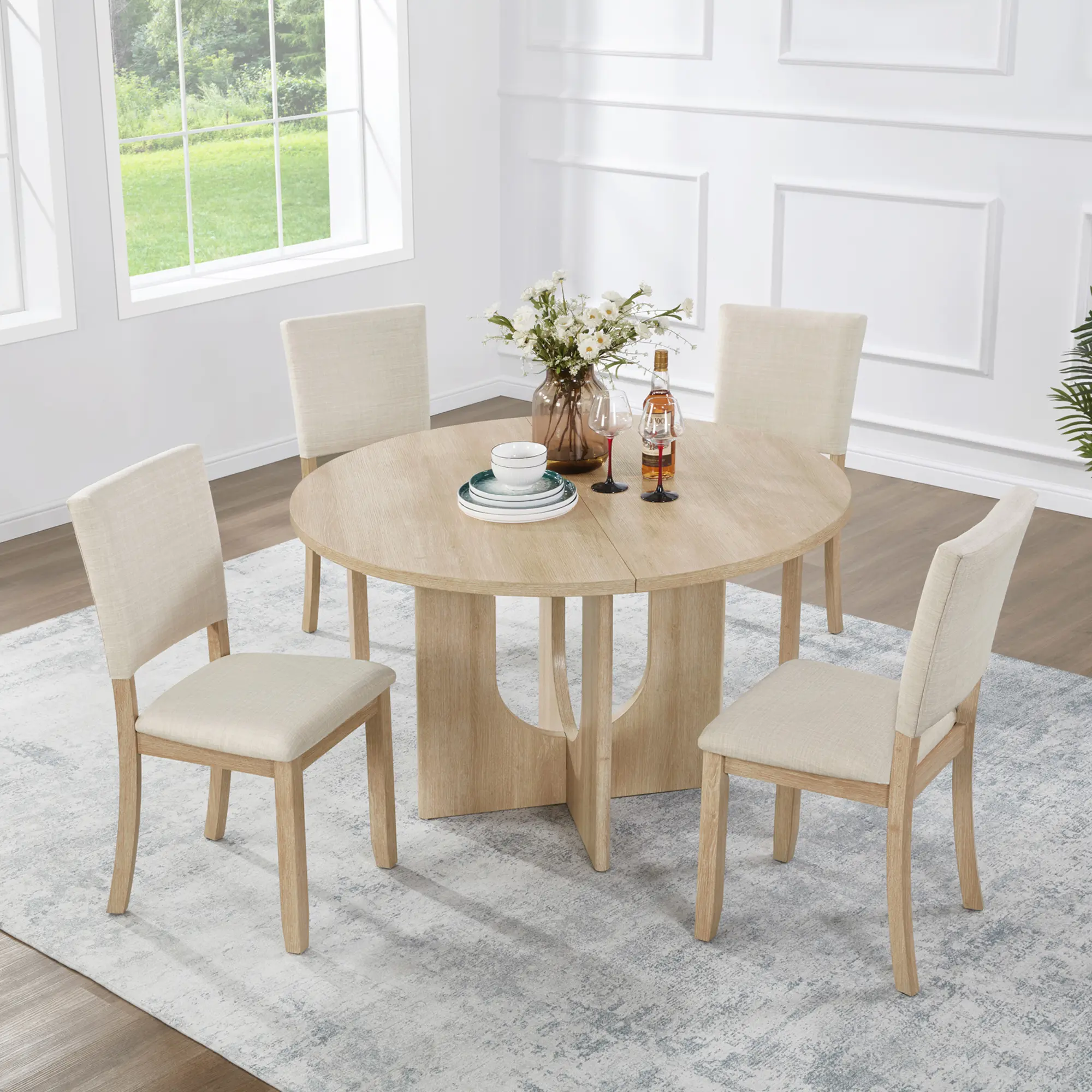 Contemporary 5-Piece Wood Circular Dining Table Set - Adjustable Indoor Kitchen Furniture, 47.3in Waterproof Top, 4 Sturdy Ergonomic Bentwood-Fabric Seats, Easy Assembly, 129.80 lbs, 16in Seat Depth (Light Oak & Beige, Antique Black & Beige), Circular For