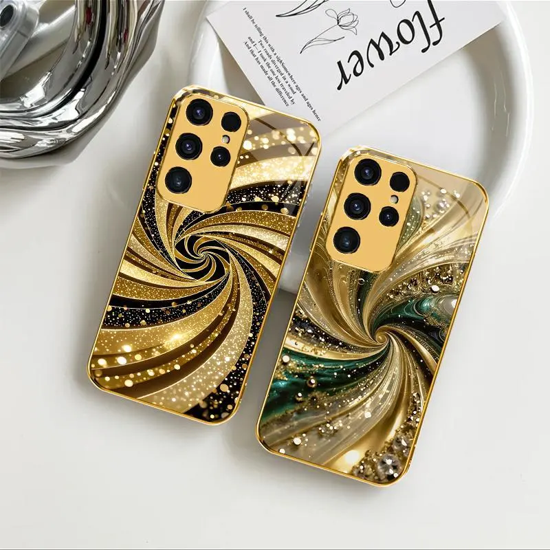 Luxury Gold-Plated Edge Smartphone Casing, Liquid Swirl Glitter Glass Cellphone Protector Accessory for Galaxy S23 Ultra - 975