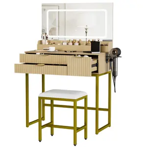 Garvee Modern Vanity Desk Set with Lighted Mirror – Drawers, Storage Shelves, Charging Station, Hair Dryer Rack & Stool Included – Compact Makeup Table for Bedroom or Apartment – Black Finish – All-in-One Beauty Station!