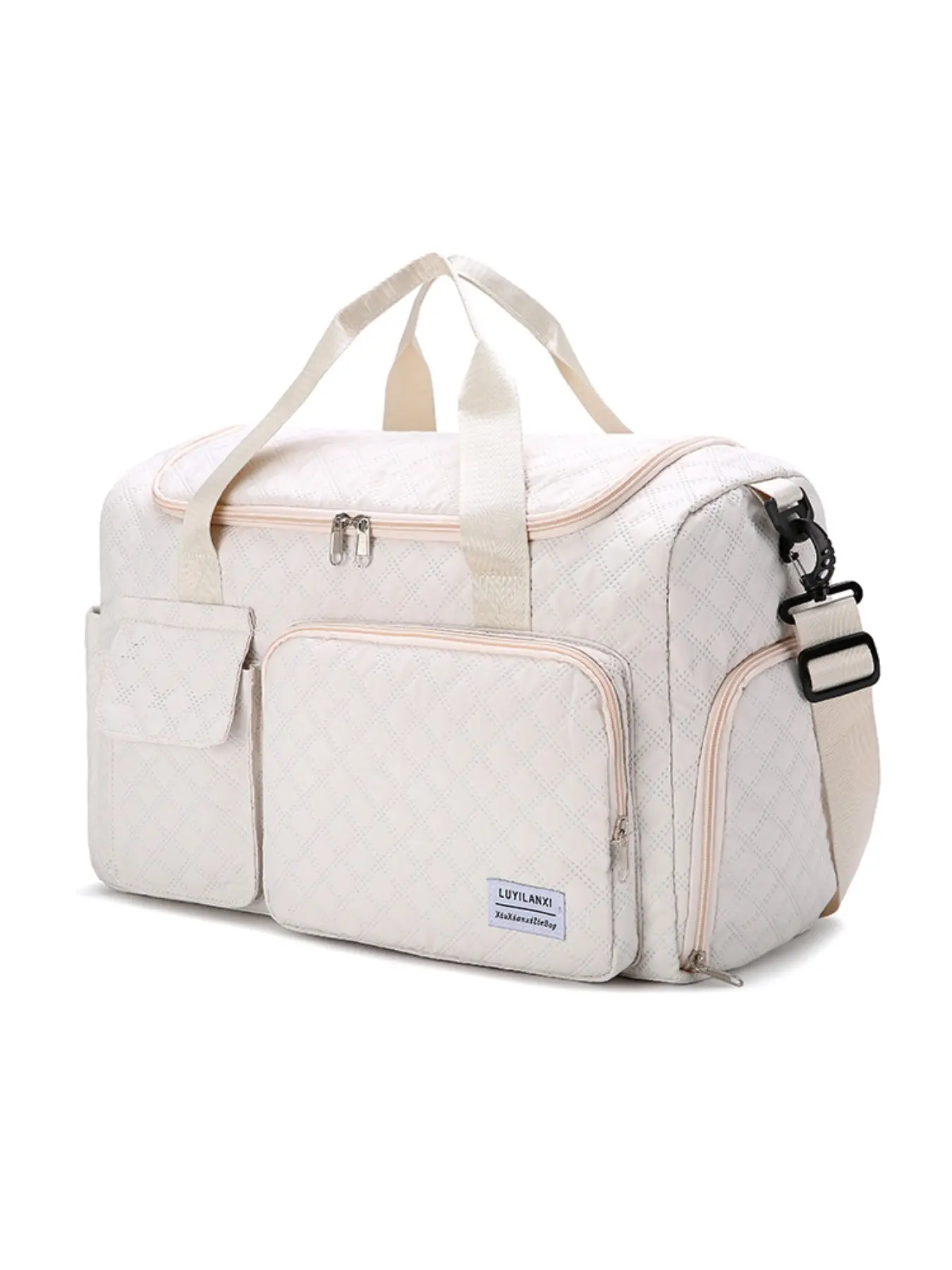 Multi-Pocket Large-Capacity Cream-White Quilted Travel Duffle Bags, Multifunctional Travel Duffel, Luggage Trolley-Ready Maternity, Fitness Commuter Bag Women's Style Portable Travel Bag