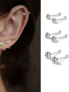 Simple Style Artificial Zircon Inlaid Cartilage Stud Earrings, Fashionable Earrings for Women & Men, Trendy All-match & Exquisite Jewelry for Birthday Gift, Studs Earrings