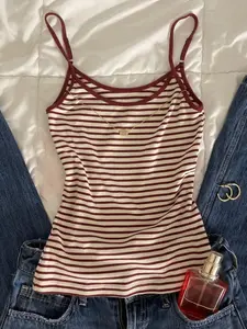Summer Women's New Simple Casual Versatile Striped Spaghetti Strap Tank Top, Fitted Design, Perfect for All Seasons, Stylish and Comfortable