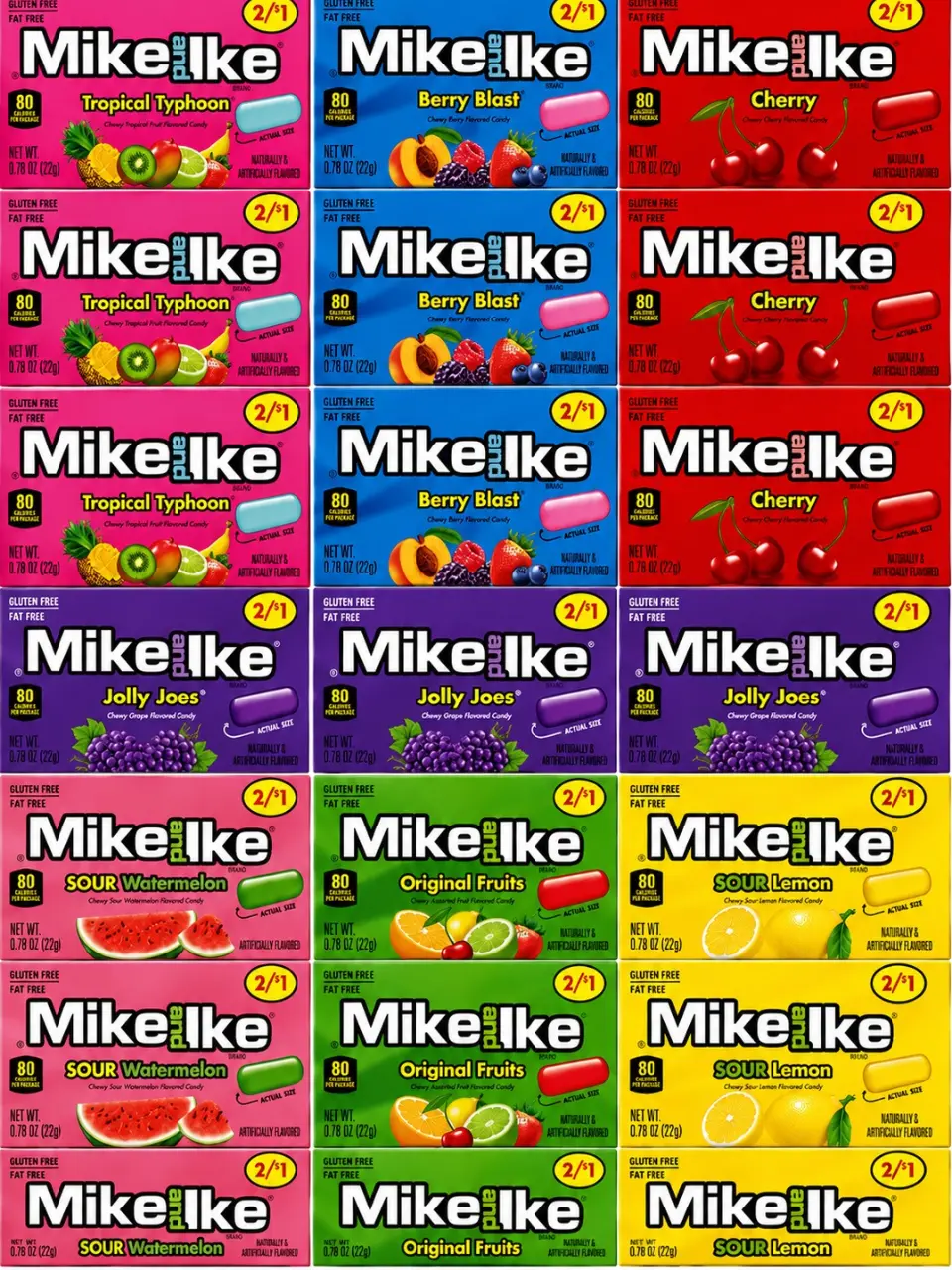21 Pack- 7 Flavor-Mike and Ike Variety Pack | Gluten Free & Fat Free Chewy Fruit Candy | 21 Individual 0.78 oz | Tropical Typhoon, Sour Lemon, Original Fruity,Berry Blast, Jolly Joes, Cherry & Sour Watermelon | NY Snack Pantry