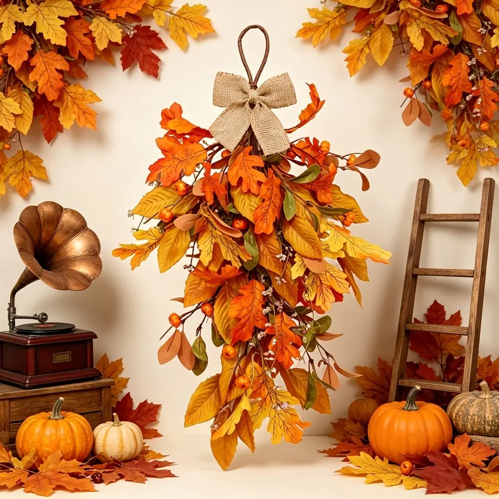 53.34cm Fall Teardrop Wreath, Artificial Pumpkin Wreath with Berries and Leaves, Thanksgiving Harvest Decor, Indoor Outdoor Hanging, Outdoor Decorations