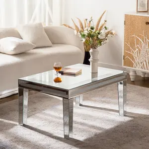 Modern Mirrored Coffee Table for Living Room Luxury Cocktail Center Table with Silver Mirror Finish Rectangular Small Coffee Table with Shining Crystal Edge