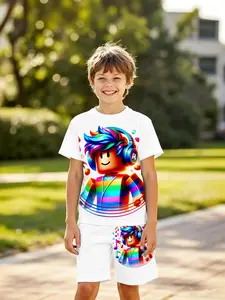 Summer Boys' Building Block Music Style Short Sleeve Shorts Set, Matching Set, Children Rainbow Print Casual Two-Piece Set, Kids Fashion, Youth Kits, Striped Sets