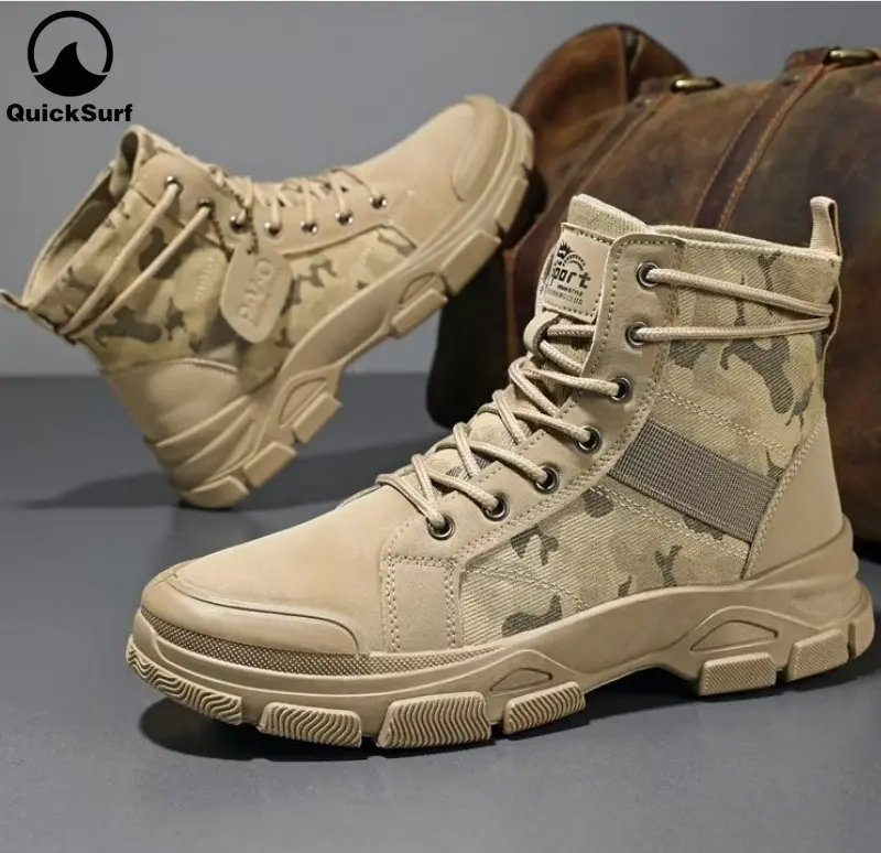 Comfortable Men's Anti-slip Windproof High-top Laced Hiking Boots for Outdoor Walking, Running, All Seasons，motorcycle boots