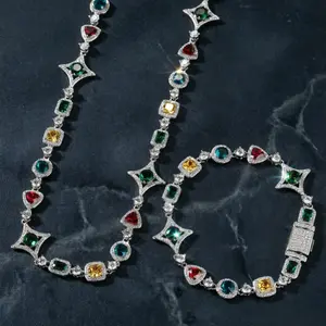 Women Rainbow Moissanite Bracelet & Necklace Iced Out Multi Color Triangle Round Rectangle Gemstones Hip Hop Jewelry Luxury Trendy Chain Gift for Her Birthday Valentine’s Day Anniversary