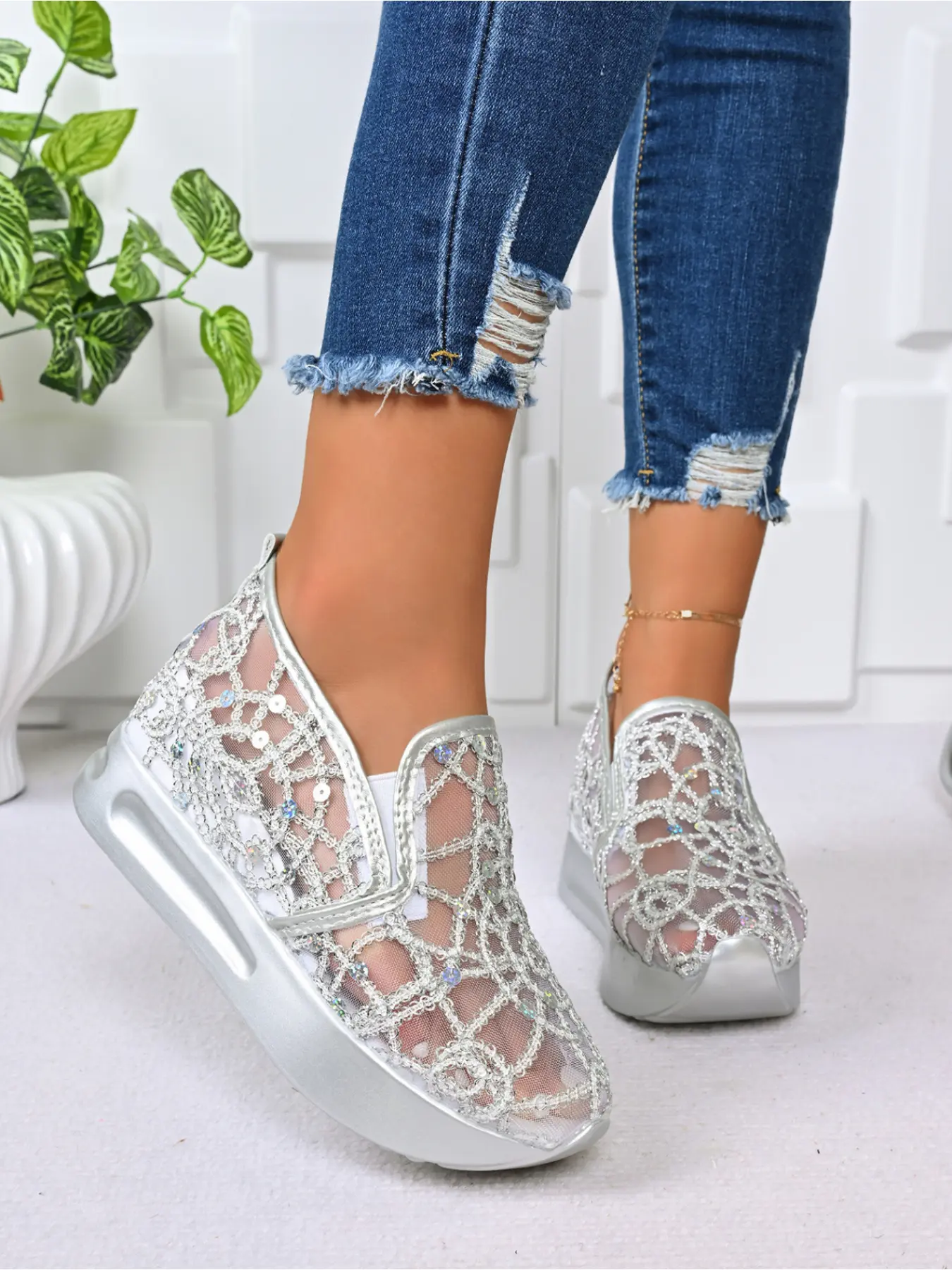 Women's Silver Mesh Rhinestone Slip-On Platform Sneakers - Hollow Knit Breathable Casual Trendy Shoes with Wedge Sole, Summer Fashion Loafers, Slip On Lightweight, Slip On Style, Cute Summer Shoes