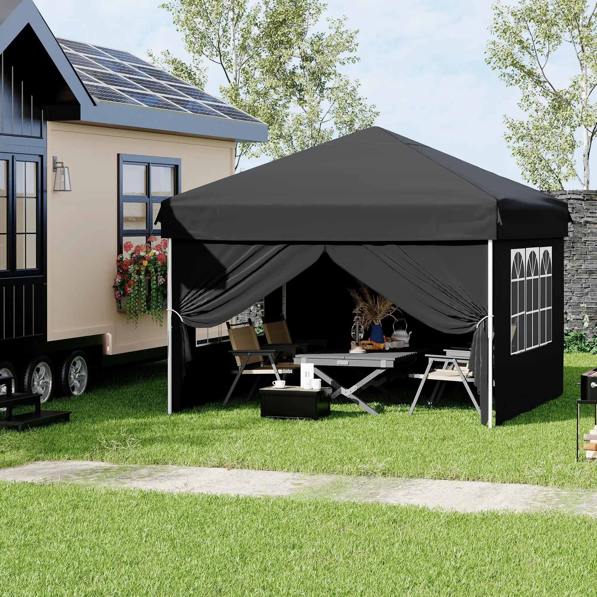 Gaomon 10x10 ft Full Truss Pop Up Canopy Tent, Instant Setup Black Outdoor Shelter with 4 Waterproof Sidewalls, UPF 50+ Portable for Camping, Backyard - Includes Carry Bag, Ground Stakes & Guy Lines, Sturdy, Sun Protection