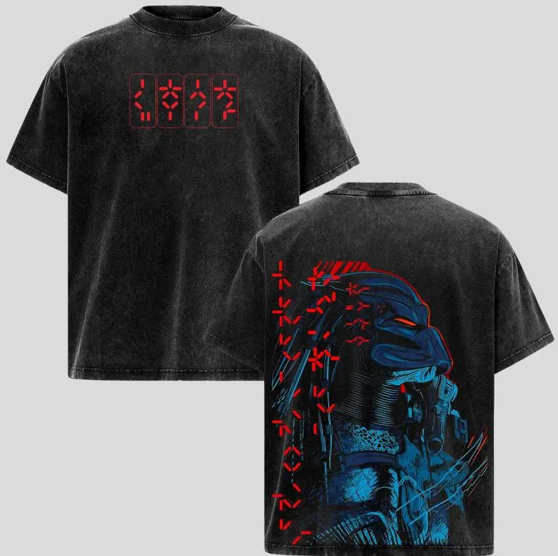 Black Washed Predator Yautja Alien Hunter Sci Fi Graphic T Shirt for Men Oversized Short Sleeve Crewneck Cotton Tee Streetwear Casual Top for 80s Horror Movie Fans and Daily Wear