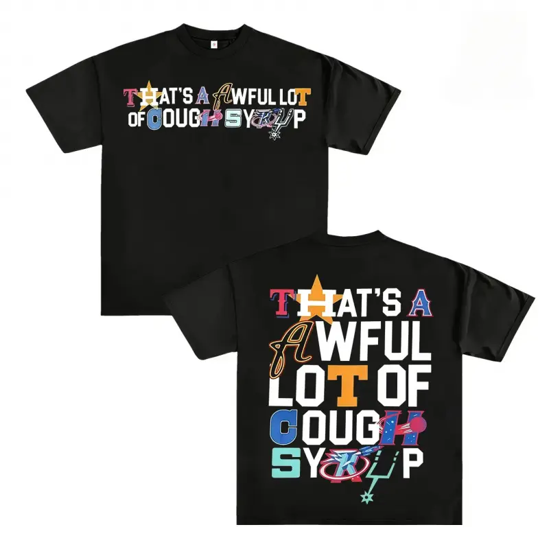 Bold Letter Mosaic Graphic Tee – Oversized Black T-Shirt with 'That’s a Awful Lot of Cough Syrup’ Patchwork Typography and Playful Icon Motifs, Unisex Streetwear Statement Tee for Fashion naruto anime oversize streetwear tee classic menswear dad joke,tees