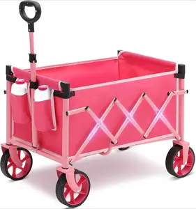 Wagon Cart with Wheels with 220LBS Capacity,Heavy Duty Wagon Carts Foldable with Drink Holders,Lightweight Utility Portable Cart for Grocery, Shopping, Garden, Camping. Pink